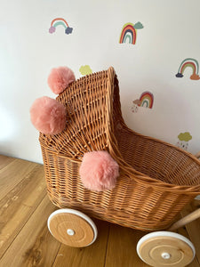 Wicker pram with light pink pompoms, nametag & bedding included, doll pram, baby doll pram, pram toy, wooden pram, wicker dolls pram,NATURAL