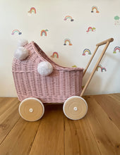 Load image into Gallery viewer, Wicker pram with white pompoms, nametag &amp; bedding included, doll pram, baby doll pram, pram toy, wicker dolls pram, LIGHT PINK
