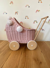 Load image into Gallery viewer, Wicker pram with white pompoms, nametag &amp; bedding included, doll pram, baby doll pram, pram toy, wicker dolls pram, LIGHT PINK
