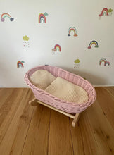 Load image into Gallery viewer, Luxury light pink doll’s cradle, wicker crib with bedding included, dolls wicker rocker, dolls cradle, doll mosses basket, cream bedding
