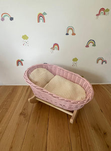 Luxury light pink doll’s cradle, wicker crib with bedding included, dolls wicker rocker, dolls cradle, doll mosses basket, cream bedding