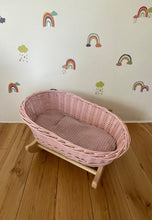 Load image into Gallery viewer, Luxury light pink doll’s cradle, wicker crib with bedding included,dolls wicker rocker, dolls cradle, doll mosses basket, dusty pink bedding
