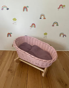 Luxury light pink doll’s cradle, wicker crib with bedding included, dolls wicker rocker, dolls cradle, doll mosses basket, purple bedding