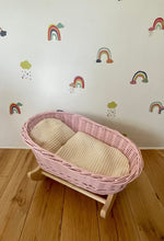 Load image into Gallery viewer, Luxury light pink doll’s cradle, wicker crib with bedding included, dolls wicker rocker, dolls cradle, doll mosses basket, cream bedding
