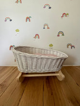 Load image into Gallery viewer, Luxury white dolls cradle, wicker crib with bedding included, dolls wicker rocker, dolls cradle, doll mosses basket, Light pink bedding
