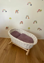 Load image into Gallery viewer, Luxury white dolls cradle, wicker crib with bedding included, dolls wicker rocker, dolls cradle, doll mosses basket, Purple bedding
