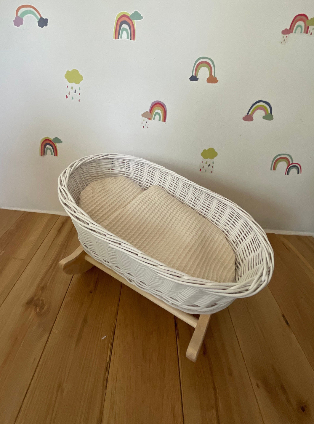 Luxury white dolls cradle, wicker crib with bedding included, dolls wicker rocker, dolls cradle, doll mosses basket, Cream bedding