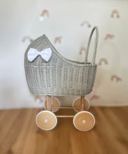 Load image into Gallery viewer, LUXURY wicker pram with bow and bedding included, wicker pram, dolls pram, pram toy, wooden pram, wicker dolls pram, Tall, light grey
