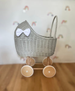 LUXURY wicker pram with bow and bedding included, wicker pram, dolls pram, pram toy, wooden pram, wicker dolls pram, Tall, light grey