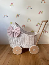 Load image into Gallery viewer, LUXURY wicker pram with white bow and bedding included, doll pram, wicker pram, baby doll pram, wooden pram, WHITE
