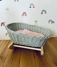 Load image into Gallery viewer, Luxury light grey doll’s cradle, wicker crib with bedding included,dolls wicker rocker, dolls cradle, doll mosses basket, light pink bedding
