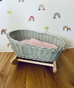 Luxury light grey doll’s cradle, wicker crib with bedding included,dolls wicker rocker, dolls cradle, doll mosses basket, light pink bedding