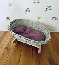 Load image into Gallery viewer, Luxury light grey doll’s cradle, wicker crib with bedding included,dolls wicker rocker, dolls cradle, doll mosses basket, purple bedding
