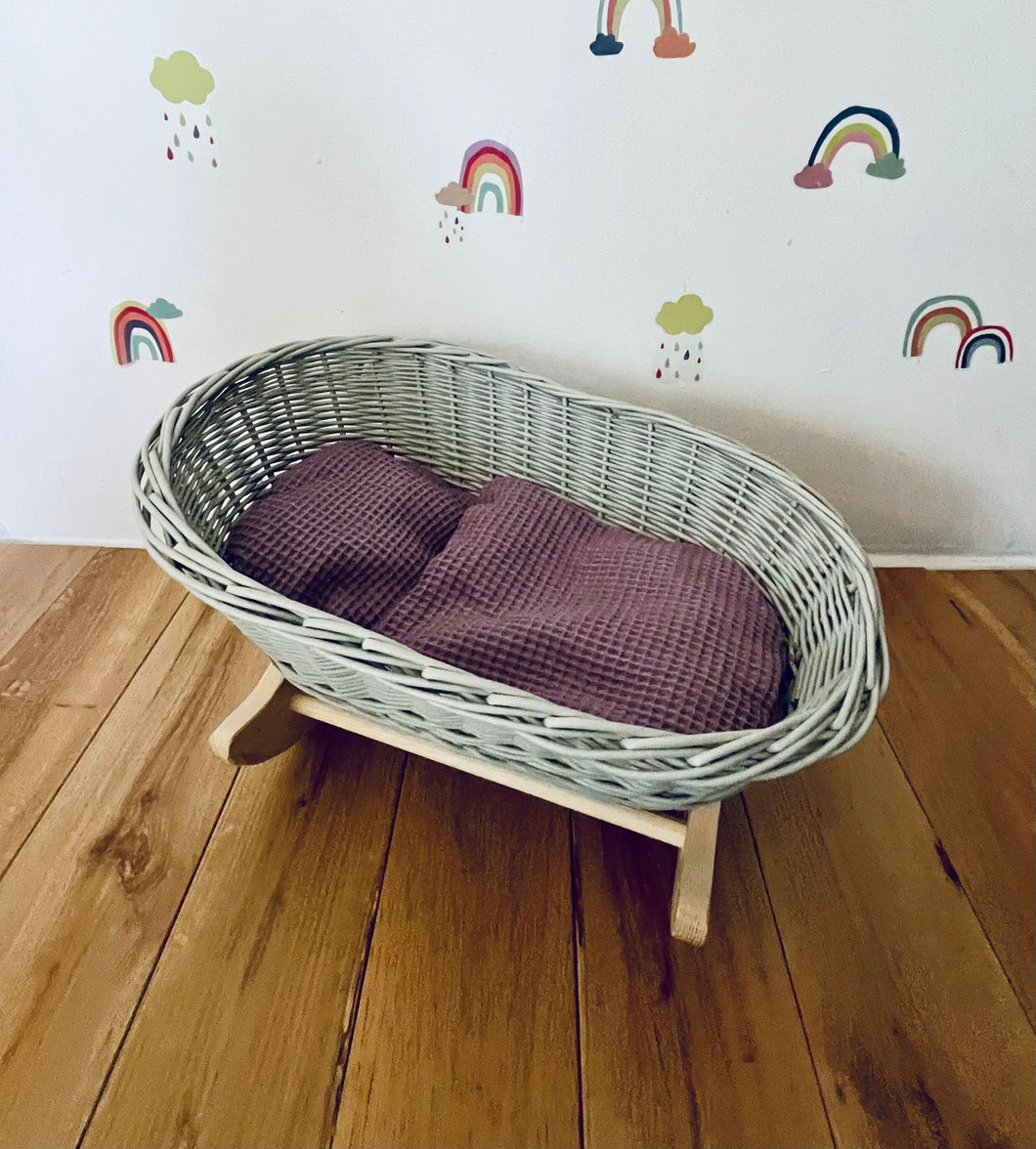 Luxury light grey doll’s cradle, wicker crib with bedding included,dolls wicker rocker, dolls cradle, doll mosses basket, purple bedding