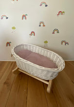 Load image into Gallery viewer, Luxury white dolls cradle, wicker crib with bedding included, dolls wicker rocker, dolls cradle, doll mosses basket, Dusty pink bedding
