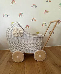 Luxury set of wicker doll stroller and wicker crib with bow, bedding name tag included. Free UK delivery