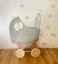 Load image into Gallery viewer, LUXURY wicker pram with bow and bedding included, wicker pram, dolls pram, pram toy, wooden pram, wicker dolls pram, Tall, light grey
