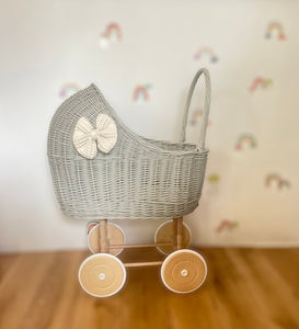 LUXURY wicker pram with bow and bedding included, wicker pram, dolls pram, pram toy, wooden pram, wicker dolls pram, Tall, light grey