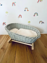 Load image into Gallery viewer, Luxury light grey doll’s cradle, wicker crib with bedding included,dolls wicker rocker, dolls cradle, doll mosses basket, cream bedding
