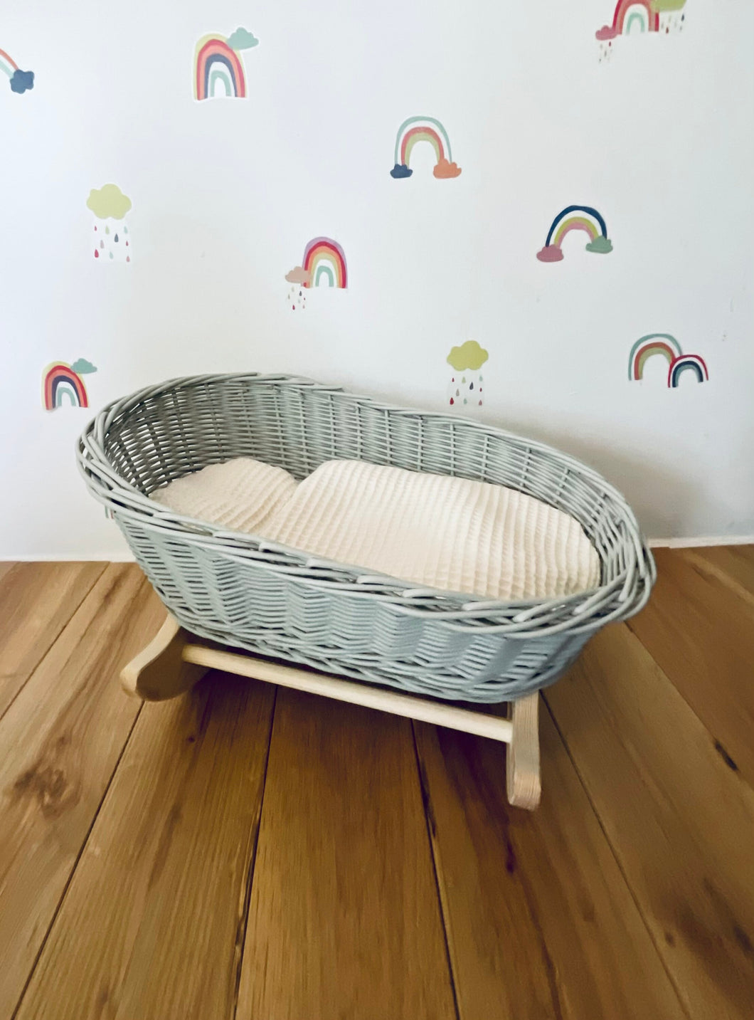 Luxury light grey doll’s cradle, wicker crib with bedding included,dolls wicker rocker, dolls cradle, doll mosses basket, cream bedding