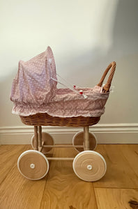 Wicker doll pram, dusky pink with polka dots,  bedding included. Handmade.