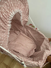 Load image into Gallery viewer, Wicker doll pram, dusky pink with polka dots,  bedding included. Handmade.
