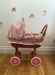 Wicker doll pram, dusky pink with polka dots,  bedding included. Handmade.