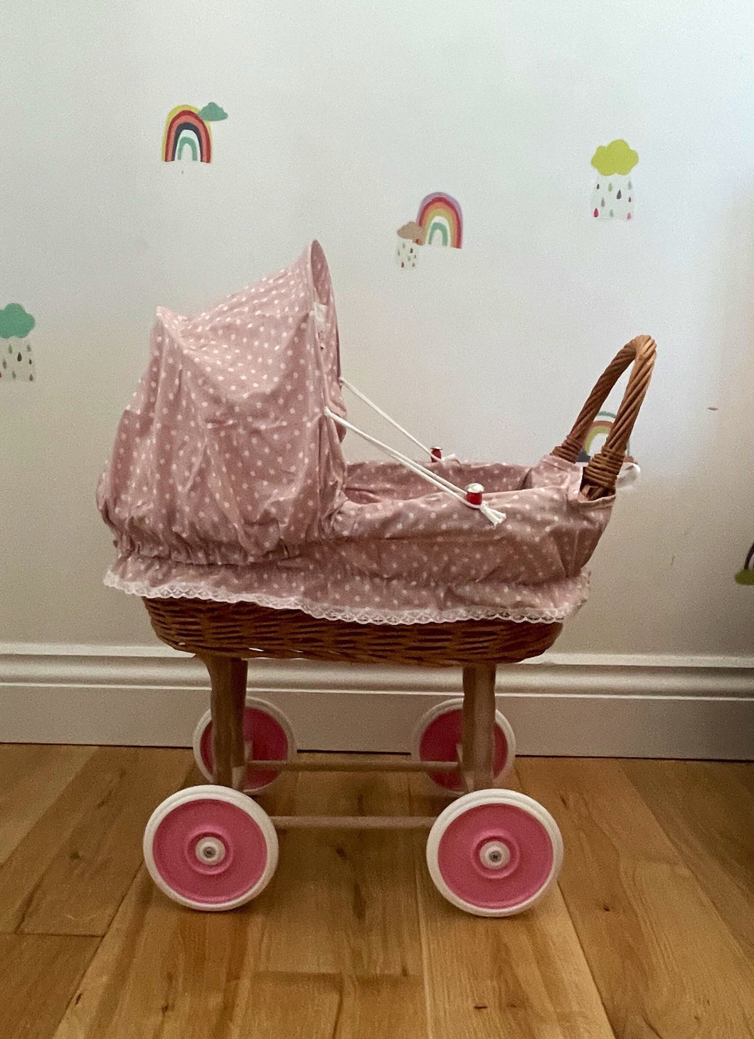 Wicker doll pram, dusky pink with polka dots,  bedding included. Handmade.