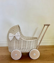 Load image into Gallery viewer, Luxury set of cream wicker doll stroller and wicker crib with bow, bedding, bow and name tag included.
