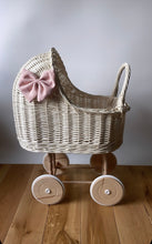 Load image into Gallery viewer, Wicker pram with bow, tall dolls pram, bow and bedding included. Cream/ off white unpainted.
