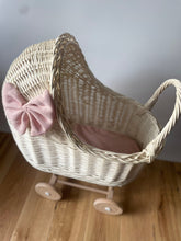 Load image into Gallery viewer, Wicker pram with bow, tall dolls pram, bow and bedding included. Cream/ off white unpainted.
