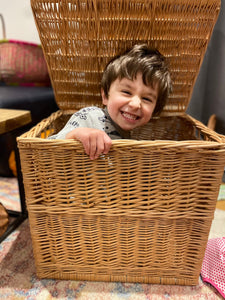 Square wicker chest, wicker trunk, storage basket with lid, unpainted