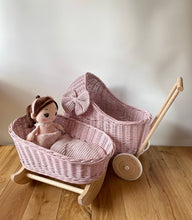 Load image into Gallery viewer, Luxury set of wicker doll pram and crib with bow, matching bedding and name tag included. Light pink
