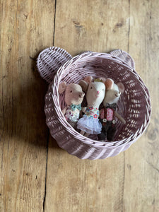 Wicker hanging basket, bear basket, wall basket, basket with ears, teddy basket,  light pink