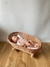 Load image into Gallery viewer, XL Wicker crib, perfect for reborn doll. wicker cradle. Handmade bedding of your choice included, Natural
