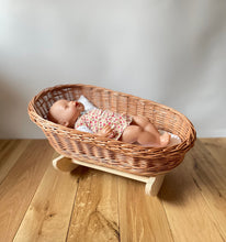 Load image into Gallery viewer, XL Wicker crib, perfect for reborn doll. wicker cradle. Handmade bedding of your choice included, Natural
