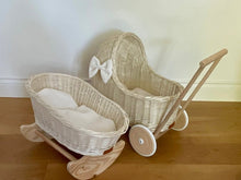 Load image into Gallery viewer, Luxury set of cream wicker doll stroller and wicker crib with bow, bedding, bow and name tag included.
