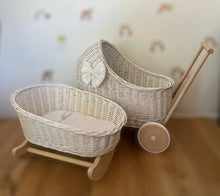 Load image into Gallery viewer, Luxury set of wicker doll stroller and wicker crib with bow, bedding name tag included. Free UK delivery
