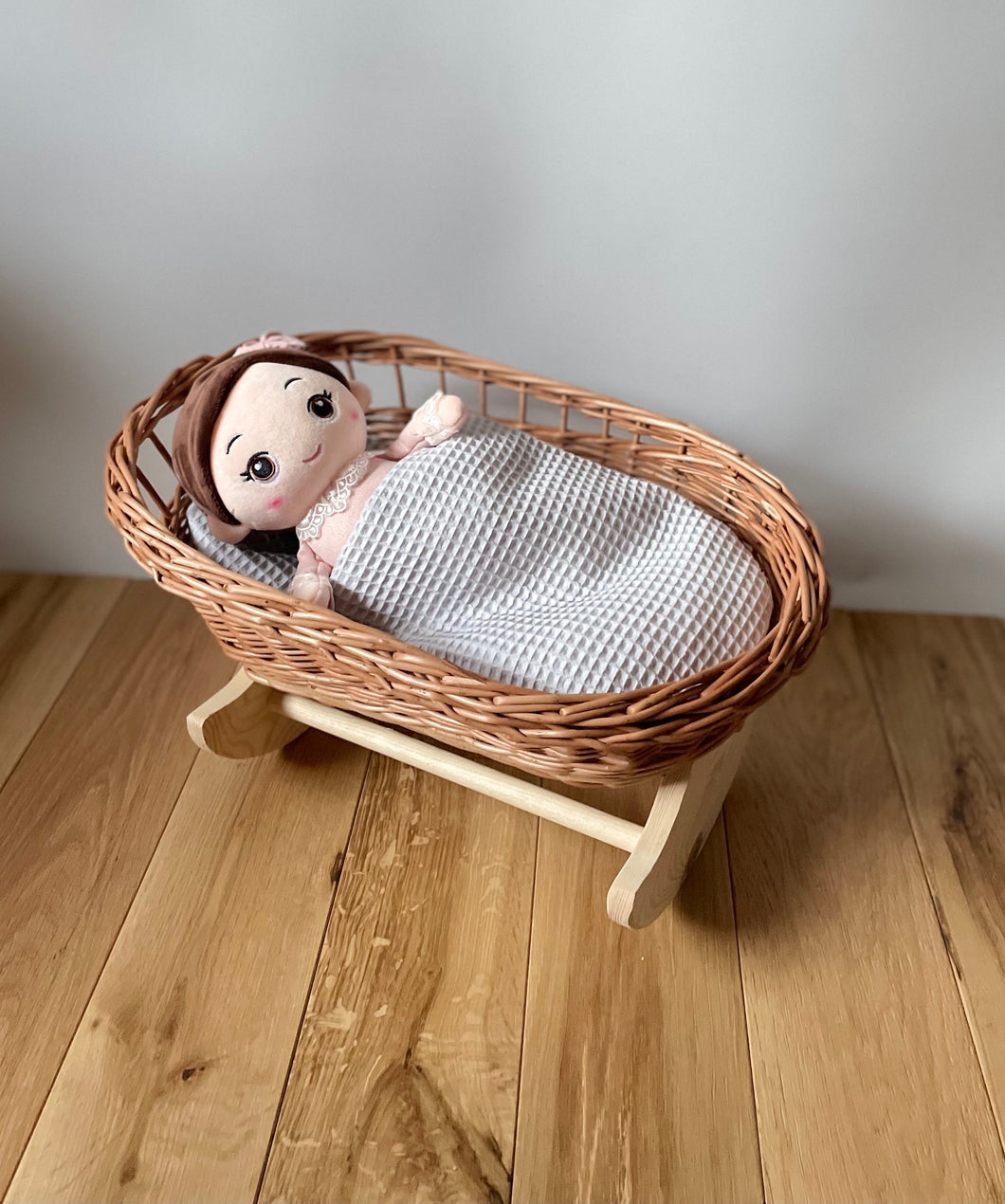 Wicker dolls crib, wicker cradle. Handmade bedding of your choice included, Natural
